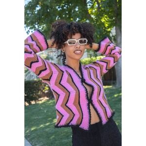 Tach Clothing Merino Wool Crochet Cardigan Pink Brown Zigzag Chevron XS